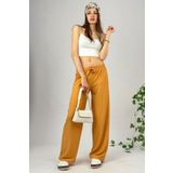 Betimoda Kadın Beli Lastikli Bol Paça Oversize Bürümcük Kumaş Uzun Hardal Palazzo Pantolon