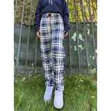 Betimoda Kadın Pamuklu Ekose Desenli Pijama Altı Eşofman Kurdeleli Beyaz Lacivert Kare - XL - Açık Mavi - Beyaz