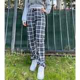 Betimoda Kadın Pamuklu Ekose Desenli Pijama Altı Eşofman Kurdeleli Beyaz Lacivert Kare - XL - Siyah - Beyaz