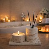 Beton Banyo Seti, Mum, Difüzör Oda Kokusu Kabı ve Dekoratif Tepsi, Banyo Dekoru, 4 Parça Set, (KOKU ÇUBUK HARİÇ)