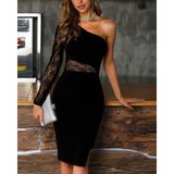 Bet's Kadın Siyah Tek Kol Dantel Detay Omuz Dekolte Krep Elbise - 2XL - 3XL