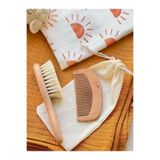BETSY STUDIO %100 Keçi Kılı Doğal Bebek Saç Fırçası-Doğal Ahşap Tarak- Saklama Keseli 3'lü Set