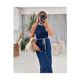 Betül Aksu Butik Ham Keten Hasır Kemer Detay Lacivert Elbise