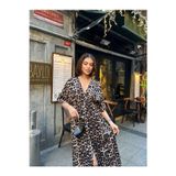Betül Aksu Butik Leopar Desenli Kruvaze Yaka Elbise
