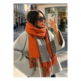 Betülce Ç“Kadın Kışlık Ekoseli Yünlü Şal - Çift Taraflı Omuz Şalı / Oversize Battaniye Şal 70x190cm”-TURUNCU