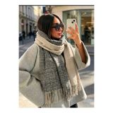 Betülce “Kadın Kışlık Ekoseli Yünlü Şal - Çift Taraflı Omuz Şalı / Oversize Battaniye Şal 70x190cm” bej