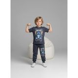 BeU Kids 2'li Takım Kısa Kollu Stiç Baskılı Pamuk-Likralı Erkek Çocuk Eşofman Takımı - 9 - 10 Yaş - Gri
