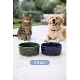 Bev Kitchen 2'li Set Porselen Kedi Köpek Mama ve Su Kabı Mavi-Yeşil (14CM&5.5 Cm) - Yeşil - Mavi