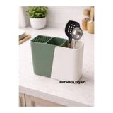 Bev Kitchen 3 Bölmeli Tezgah Üstü Bölmeli Kaşık Bıçak Standı - Çok Amaçlı Organizer,Yeşil
