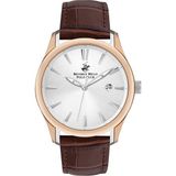 Beverly Hills Polo Club Erkek Kol Saati Kahverengi Deri Kordon Silver Kadran Rose Gold Kasa 45MM Safir Kaplama Seramik Cam 10 Atm Takvimli - Rose Gold - Kahverengi