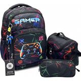 Bevitton Gamer Erkek Çocuk Ilk Okul Çantası 3'lü Set Ilkokul Çantası Siyah Gamer Desenli Çocuk Okul Sırt Çantası