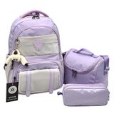 BEVITTON Su Geçirmez 3'lü Set İlkokul Sırt Çantası, Lila ve Bej, Polyester, Peluş Maymun Anahtarlık Hediyeli, Çok Bölmeli, 6-12 Yaş, 45x32x18 cm