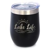 Bevvee Lake Life - Sürgülü Kapaklı Şarap Bardağı - Sapsız Paslanmaz Çelik Yalıtımlı Kupa - Sevimli Açık Hava Kamp Kupası - Siyah