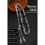 Beyaz Akik Doğal Taş Tesbih Erkek Akik Tesbih BT050 - Beyaz - Siyah