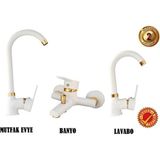 Beyaz Altın Lüks 3 Lü Set Mutfak Evye - Lavabo - Banyo Bataryası Delta Beyaz Gold Set Musluk
