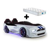 Beyaz Arabalı Yatak Kapıları Açılan Mustang Full Ledli Kumandalı Ve Müzikli + Ortopedik Yatak