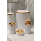Beyaz Bambu Desenli 5 Parça Banyo Seti | Çöp Kovası, Wc Fırçalık, Sıvı Sabunluk, Diş Fırçalık, Sabunluk