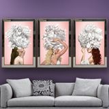 Beyaz Buketli Kadınlar Temalı Aynalı Çerçeveli 3 lü Kanvas Tablo Seti 150x70 cm SETS0224
