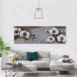 Beyaz Çiçeğin Tomurcukları Yağlı Boya Dokulu Tablo 100x200 Siyah Çerçeveli