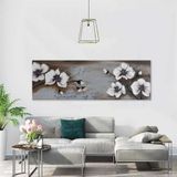 Beyaz Çiçeğin Tomurcukları Yağlı Boya Dokulu Tablo 40x100 Siyah Çerçeveli