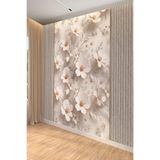 Beyaz Çiçek ve Panel Desenli Modern Tekstil Duvar Kağıdı, 400 x 260
