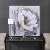 Beyaz Çiçek Yağlı Boya Dokulu Tablo 120X120 Siyah Çerçeveli