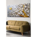 Beyaz Çiçekler Gold Ağaç Kelebek Detay Tek Parça Kanvas - Canvas Tablo, 100 x 65