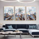 Beyaz Çiçekler Üçlü Set Yağlı Boya Dokulu Tablo 100X150 Gold Çerçeveli