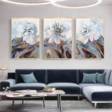 Beyaz Çiçekler Üçlü Set Yağlı Boya Dokulu Tablo 50X70 Gold Çerçeveli