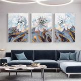 Beyaz Çiçekler Üçlü Set Yağlı Boya Dokulu Tablo 50X70 Gümüş Çerçeveli