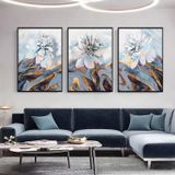 Beyaz Çiçekler Üçlü Set Yağlı Boya Dokulu Tablo 50X70 Siyah Çerçeveli