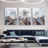 Beyaz Çiçekler Üçlü Set Yağlı Boya Dokulu Tablo 60X90 Gümüş Çerçeveli