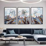 Beyaz Çiçekler Üçlü Set Yağlı Boya Dokulu Tablo 90X120 Siyah Çerçeveli