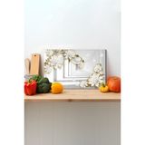 Beyaz Çiçekli Cam Kesme Tahtası, Silikon Ayaklı, Sunum Kesim Doğrama Tablası, Temperli ve Rodajlı - 23 x 35 cm