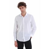 Beyaz Comfort Fit Düz 100% Pamuk Slim Yaka Uzun Kollu Spor Gömlek | S