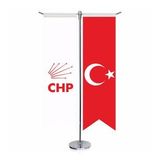 Beyaz Cumhuriyet Halk Partisi (CHP) Bayrağı ve Türkiye - Kırlangıç -Saten T direk 2li Masa Bayrağı