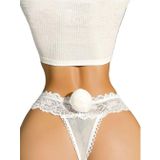 Beyaz Dantel G-String Külot, Pom Pom Detaylı, Şeffaf Tül, Kadın İç Giyim