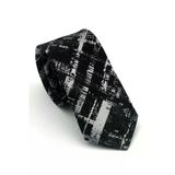 Beyaz Desenli Siyah Dokuma Kumaş Mendilli Slim Fit Kravat // SDK-2601-1