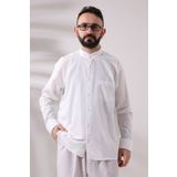 Beyaz Erkek Bol Kesim Tek Cepli Hakim Yaka Hac ve Umre Keten Gömlek