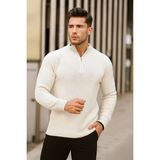 Beyaz Erkek Oversize Fermuarlı Balıkçı Triko Kazak - XL