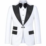 Beyaz Erkek Smokin Kristal Taşlı Yaka | Taşlı Cep Detayı, Slim Fit Kesim, Düğün ve Gala, Siyah Kontrast Yaka, Tek Düğme Kapama