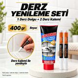 Beyaz Fayans Ve Seramik Derz Yenileme Seti 400 Gr Derz Dolgu + 2 Adet Derz Kalemi Banyo Mutfak Tamir