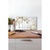 Beyaz Gold Çiçekli Cam Kesme Tahtası, Silikon Ayaklı Isıya Kırılmaya Dayanıklı Sunum Kesim Tablası - 23 x 35 cm