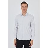 Beyaz-Gri Sert Yaka Cepsiz Gabardin Uzun Kol Slim Fit Esnek Gömlek 1004250232 - 2XL - Beyaz - Gri