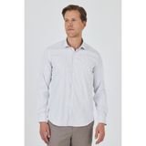 Beyaz-Gri Uzun Kol Çizgili Desen Bez Ayağı İtalyan Yaka Cepsiz Esnek Classic Slim Fit Gömlek 1004250202 - 2XL - Optik Beyaz