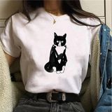 Beyaz Güzel Kedi Lar Için Siyah Kedi Baskı Harajuku Lar Için - M