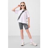 Beyaz-Haki Pamuklu O Yaka Standart Fit Baskılı Kız Çocuk Tayt Takım - 75190
