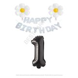 Beyaz Happy Bırthday Set Papatya ve Siyah Rakam Folyo Balon Seti Yaş 1