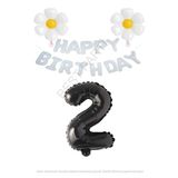 Beyaz Happy Bırthday Set Papatya ve Siyah Rakam Folyo Balon Seti Yaş 2
