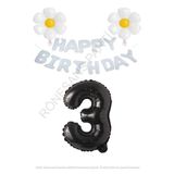 Beyaz Happy Bırthday Set Papatya ve Siyah Rakam Folyo Balon Seti Yaş 3